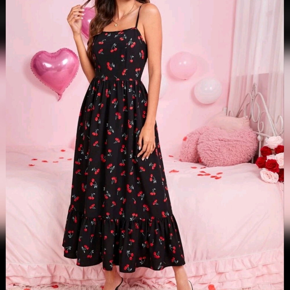 Ruffle Hem CherryPrint Cami Dress, XS size